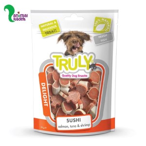 تشویقی نرم سگ برند ترولی مدل سوشی طعم سالمون تن و میگو 90 گرمی