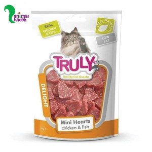 تشویقی نرم گربه مدل قلبی کم چرب طعم مرغ و ماهی برند ترولی 50 گرمی