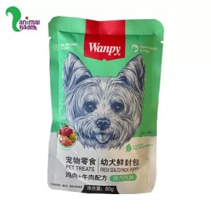 پوچ توله سگ ونپی با طعم گوشت گاو و جگر 80 گرمی (سبز) پوچ سگ ونپی مخصوص توله با طعم گوشت گاو و جگر برند ونپی